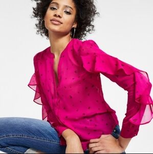 Bar III- Hearts Printed Ruffle Sleeve Blouse Size L